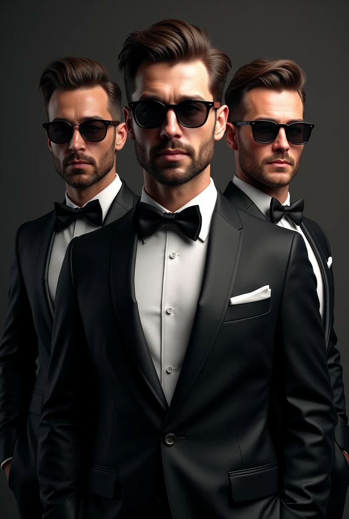 a cool and stylish bachelor party logo with 3 men in suits and sunglasses, eliot, posh and yisus, detailed portrait, hyper realistic, intricate details, studio lighting, 8k, ultra-detailed, highly detailed, photorealistic, concept art, dramatic lighting, cinematic, elegant, sophisticated, modern, fashionable, flawless skin, sharp focus, professional, masterpiece