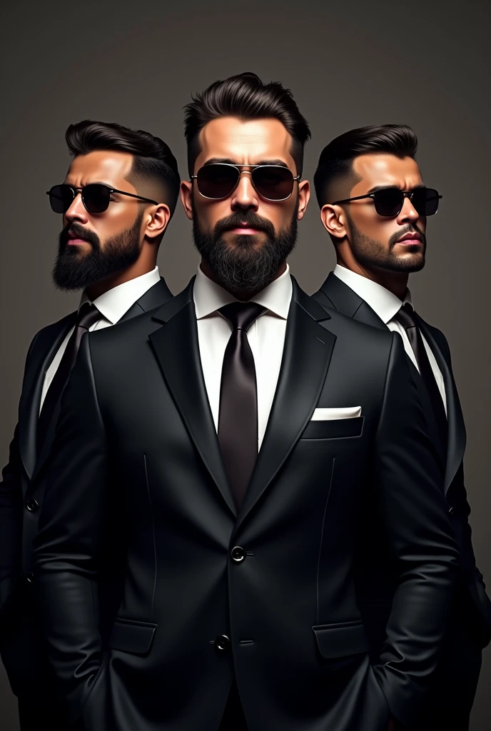 a cool and stylish bachelor party logo with 3 men in suits and sunglasses, eliot, posh and yisus, detailed portrait, hyper realistic, intricate details, studio lighting, 8k, ultra-detailed, highly detailed, photorealistic, concept art, dramatic lighting, cinematic, elegant, sophisticated, modern, fashionable, flawless skin, sharp focus, professional, masterpiece