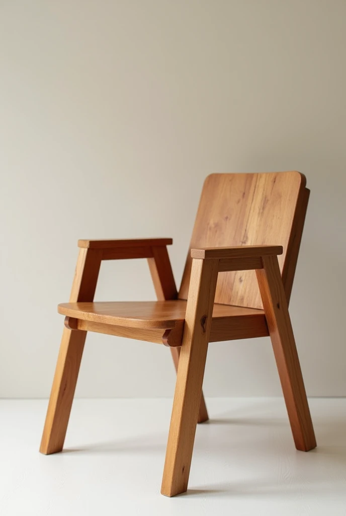 Create a chair made of brown pine wood, that is comfortable, that the rear legs have more angle for more stability and comfort and the front legs are of equal angle