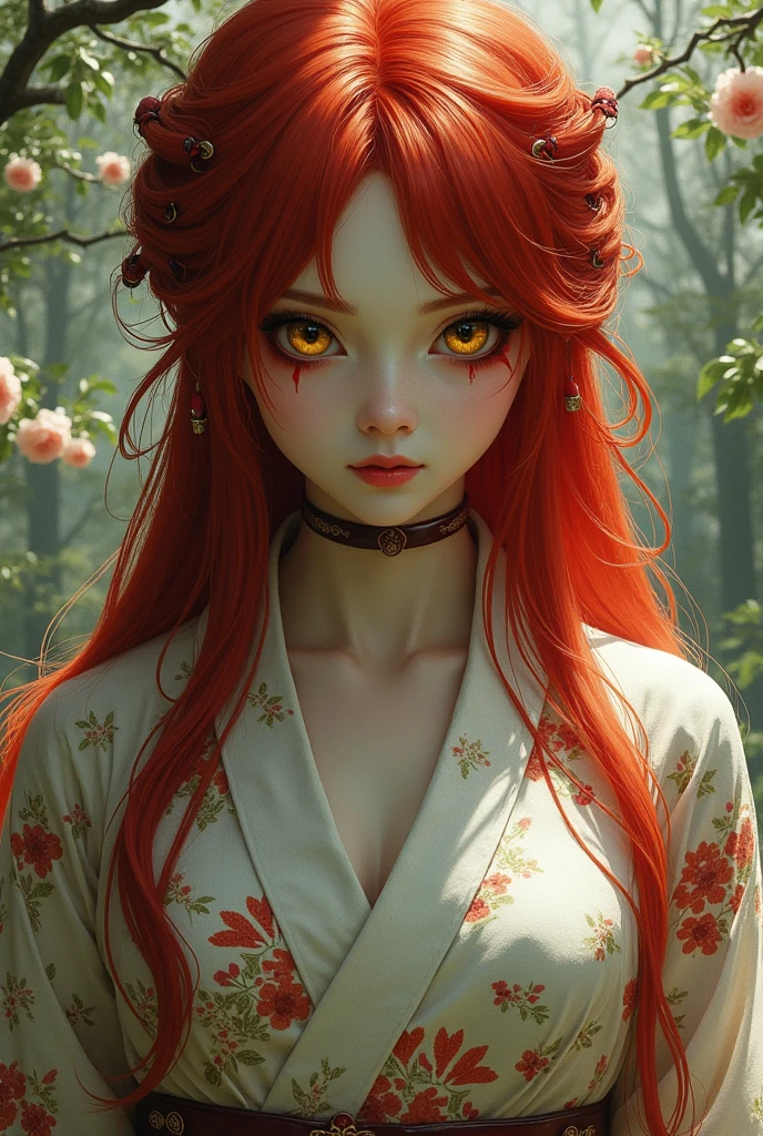 2D Woman, Pale skin, long, disheveled red hair, intense yellow eyes, She has red makeup on her eyelids, with a serpentine look, serious expression but with a small smile, dressed in a kimono with flowers and trees.