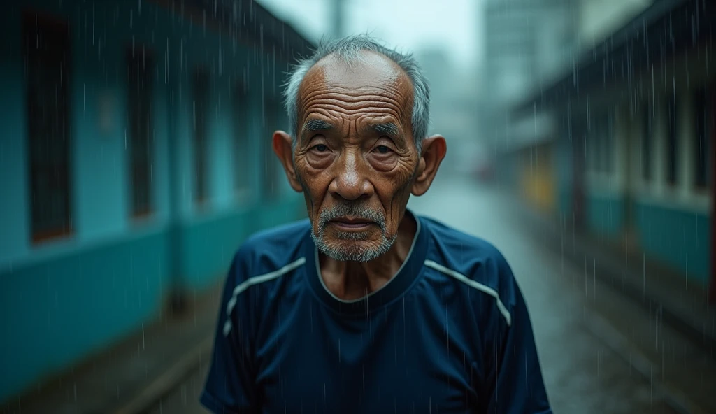 A photograph of a malay old man in dark blue sport attire walking in the rain making eye contact with the viewer in a mid-shot view, 35mm lense, Top-Down Shot, Deep Focus cinematography effect, Natural Lighting, cool-toned color grading, high quality, ultra detail, 8k resolution,