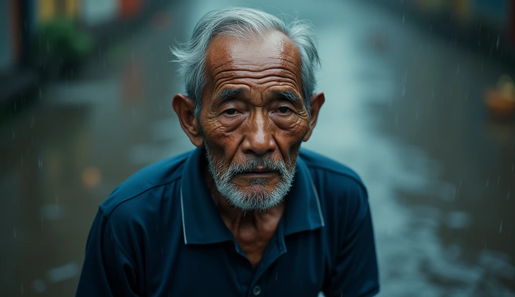 A photograph of a malay old man in dark blue sport attire walking in the rain making eye contact with the viewer in a mid-shot view, 35mm lense, Top-Down Shot, Deep Focus cinematography effect, Natural Lighting, cool-toned color grading, high quality, ultra detail, 8k resolution,