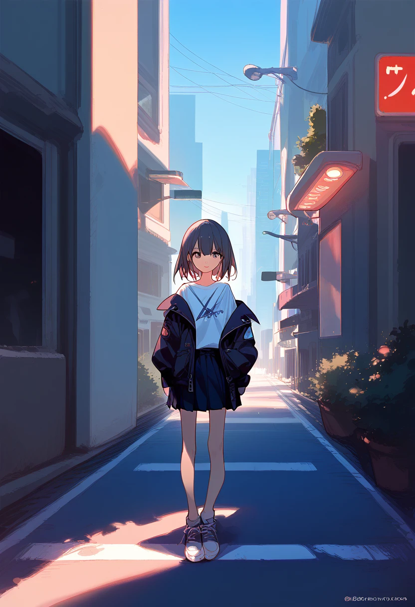 1 girl, ?????_Skirt, blue_hair, building, city, cityscape, hair_intre_eyes, jacket, looking_in_viewer, half_hair, multicolor_hair, multiple_children, evening, off_shoulder, outdoor, pleined_Skirt, path, shirt, Skirt, Skyscraper, smile, Alone_infocar, Street, white_shirt