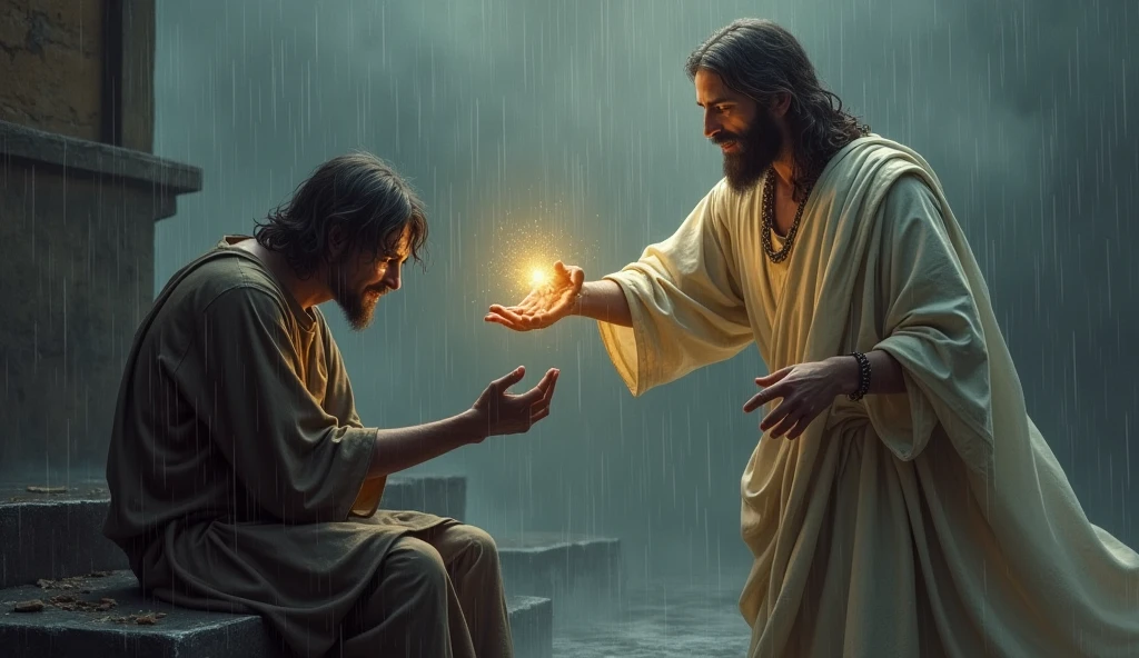 Jesus giving a hand to a drug user, drug addict, day outside, raining, without hope, enlightened man holding a hand.