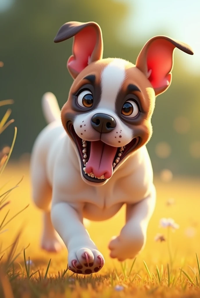 Generate a dog that is a Boxer breed of dog that is white with a brown spot on the eye , that looks playful 
