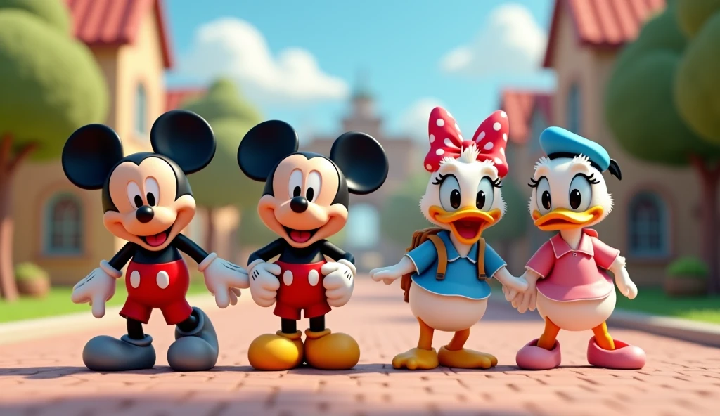 3d mickey mouse and donald duck, minnie and daisy going to school