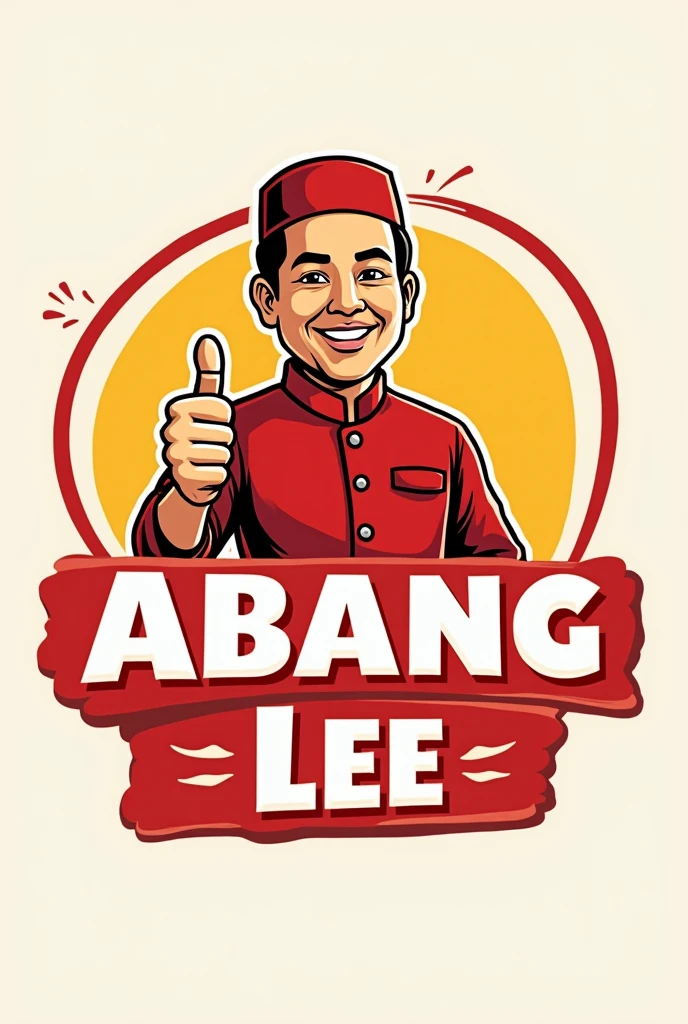 word "Abang Lee Roti Canai" for logo. industri. red white yellow font. like mcd logo. man age 50 muslim . Malay man face. tan skin. thumb up hand.