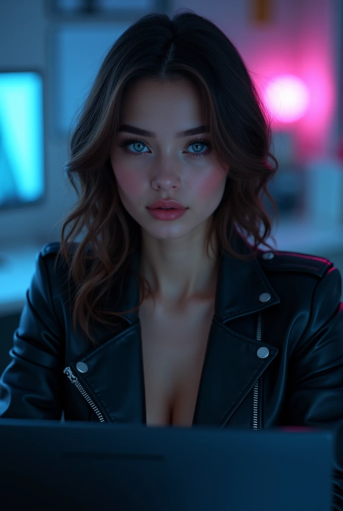 beautiful young happy very beautiful girl, blue charming eyes, sophisticated face, medium size prominent bust and ass, brown black long hair, black rugged leather medium jacket, sitting behind desk in office, dark, dark, blue and pink neon, pc,,( , close-up, focus, style),
(airbrush painting, detailed style), soft lighting, 8k
