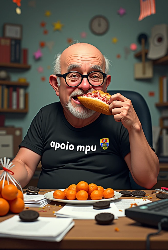 visas Copy white man, aged 50, calvo, SMOOTH FACE, wear glasses, raunchy, skinny, but very pot-bellied. Eating a baguette with lots of ham. Sitting behind a very messy desk, with computer, stacks of papers, crumbs and lots of Oreo cookies. Wearing a black shirt with the phrase: APOI0 MPU and a small shield of the Flamengo regatta club. A bag full of tangerines on the table. More Oreo Cookies