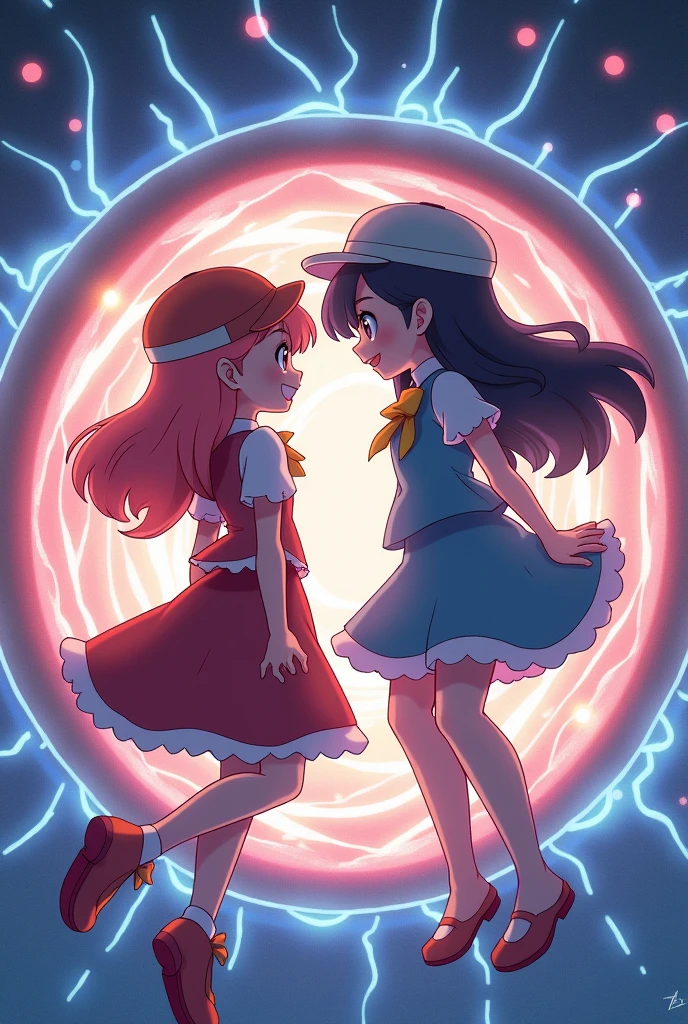 two girls, May and Dawn from Pokémon, inside a Pokéball.
