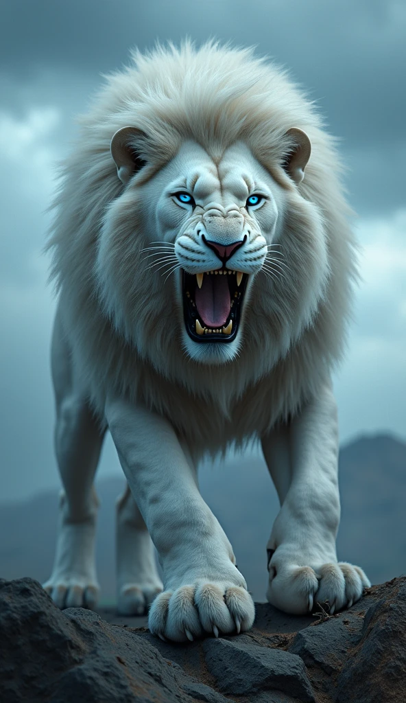 Generate an ultra realistic 8k image of a big strong blue-eyed white lion roaring