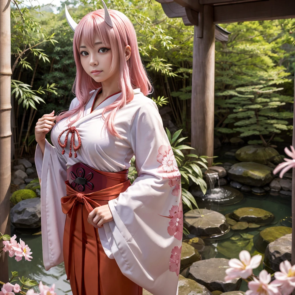 (8k, RAW Photo, Top Quality, Refined Details, Masterpiece: 1.2), (High Resolution 8k Wallpaper), Sharp Focus, Professional Lighting, Depth of Field, Cinematic Lighting, Background Blur,Shuna Tensura is a beautiful demon princess with long straight pink hair tied low, elegantly curved demon horns, and kind pink eyes. She wears a traditional Japanese shrine maiden costume with a floral pattern over a red hakama and white kimono. Her expression is gentle and gentle, giving a sense of calm and inner strength. Her background depicts a tranquil Japanese garden and bamboo forest, creating an elegant and peaceful atmosphere. Her skin is white and her features are delicate and beautiful.