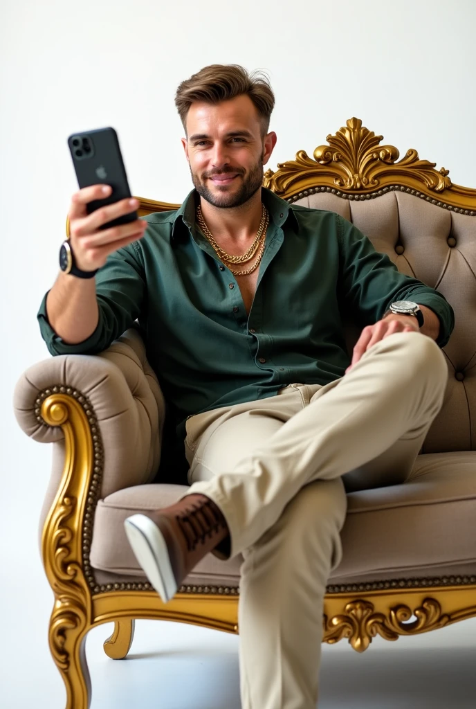 handsome russian man, in dark green shirt and cream cargo pants, gold chains in neck, smiling face, sitting on a golden royal crown wingback sofa, in relaxing pose, and holding apple iphone, showing screen towards the viewer with one hand, in white background