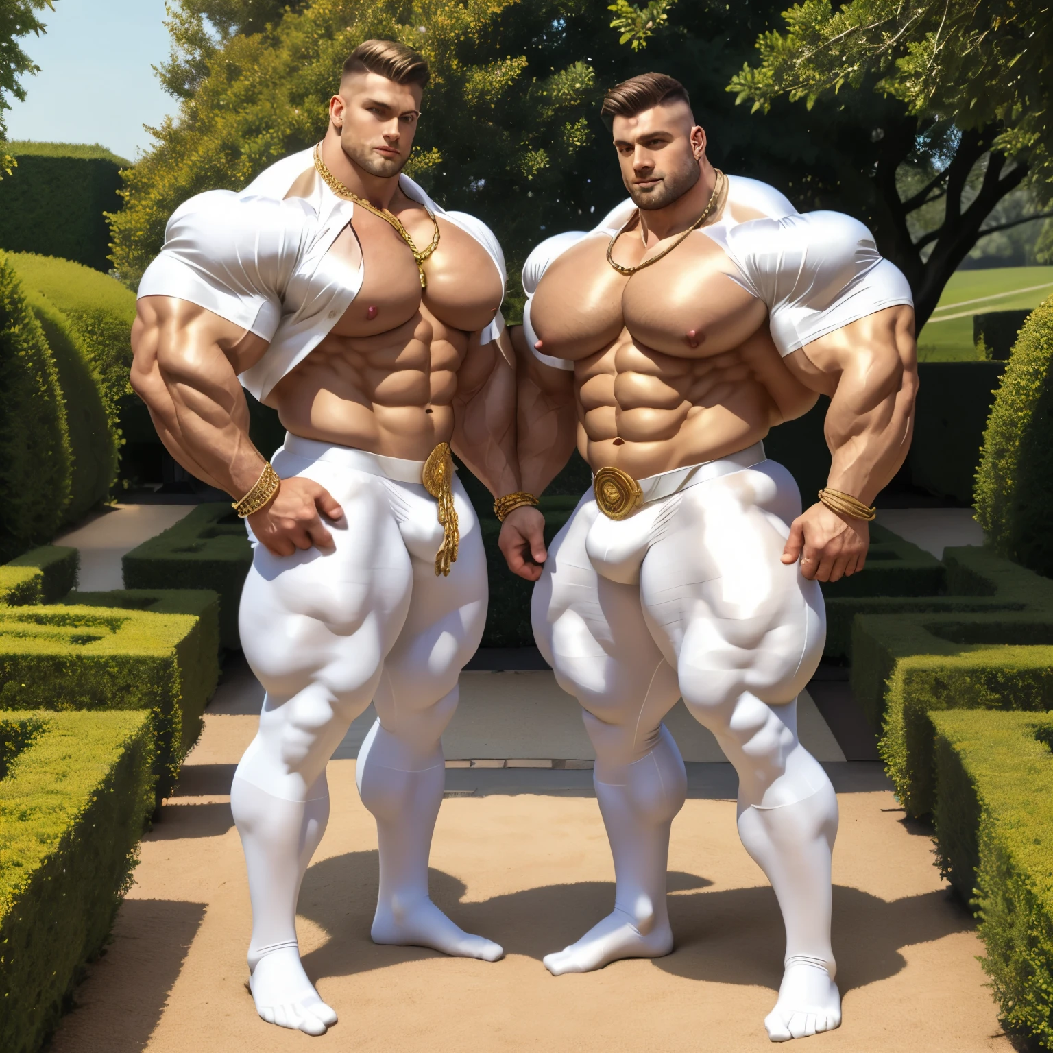 full view, full body, 2 big over-muscular bodybuilded white men with undercut haircuts, wearing regencey era silk clothing and white silk thigh-highs, in white silk shiny socks, No shoes, dozens of golden rings, necklaces, bracelets, white Shirts with laces unbuttoned showing over-inflated pecs and abs. Pierced nipples with gold rings and chains. shirt Sleeves extremly tight around big bulbous over-inflated biceps. Handsome. Looking at each other. Nearly touching pecs . Standing in an elaborate garden 'à la française', . white silky socks must be seen