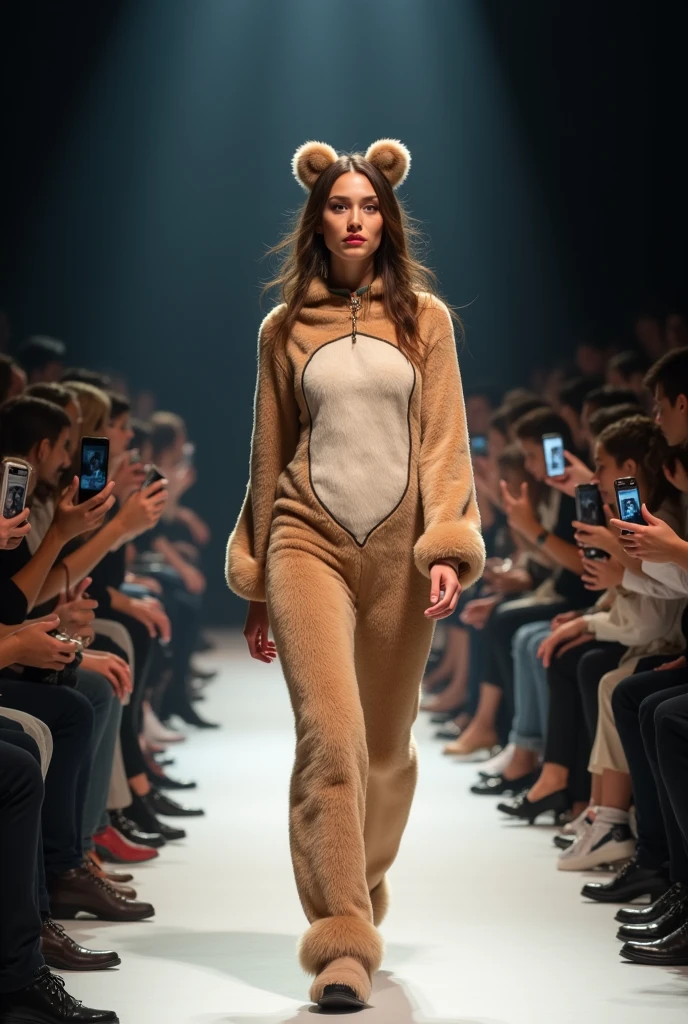 modelling for a fashion show wearing beautiful bear outfit and people capturing photo of the baby