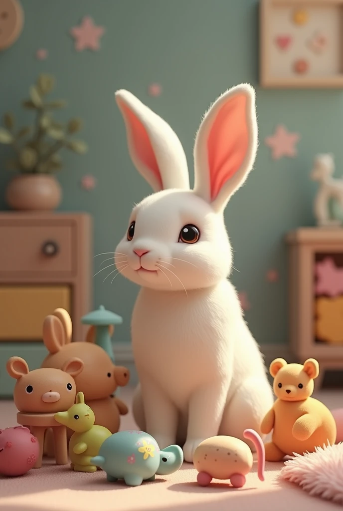 LEAD-COLORED SON RABBIT WITH HIS TOYS