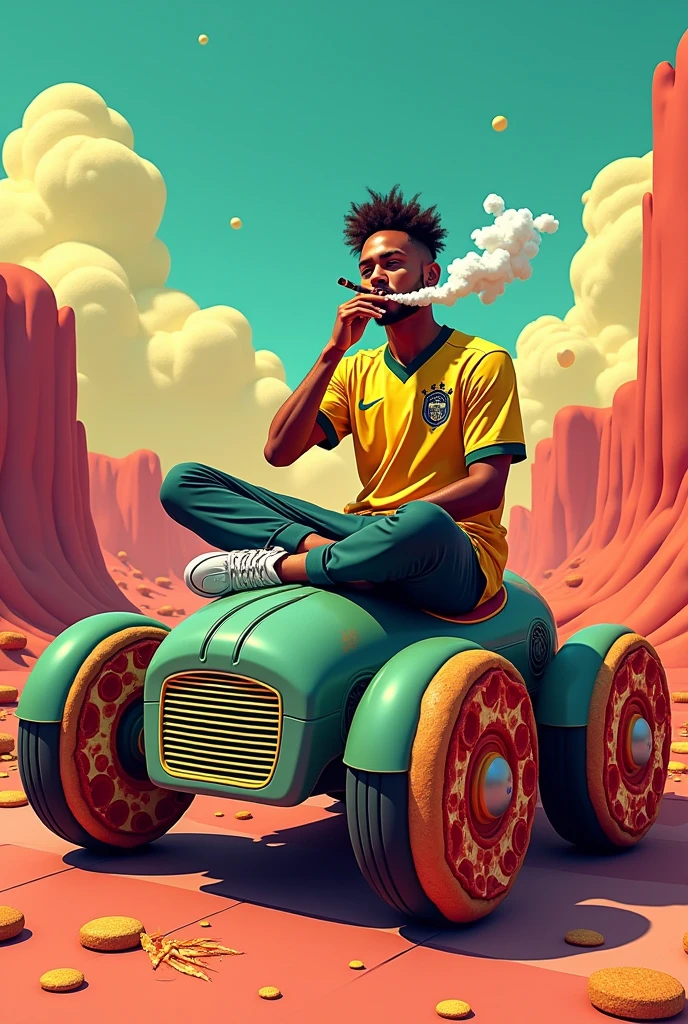 Neymar smoking marijuana on top of a pop100 wearing a Vasco shirt, the wheels are a pepperoni and chicken pizza

