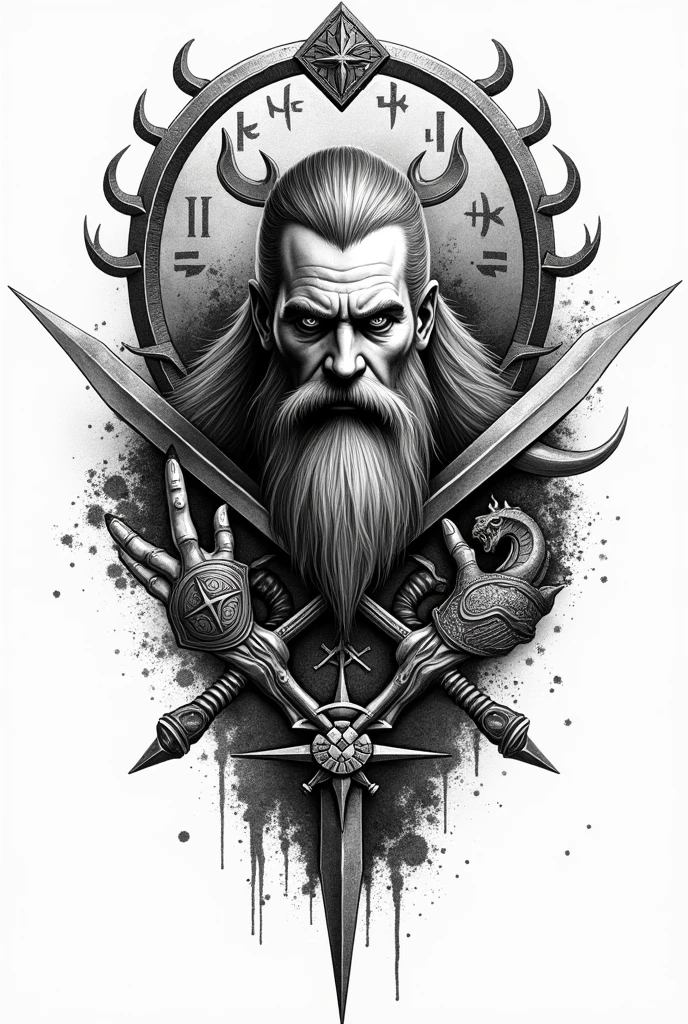 Create a black and white Viking pointillism tattoo filled with symbols known in Viking culture and warfare