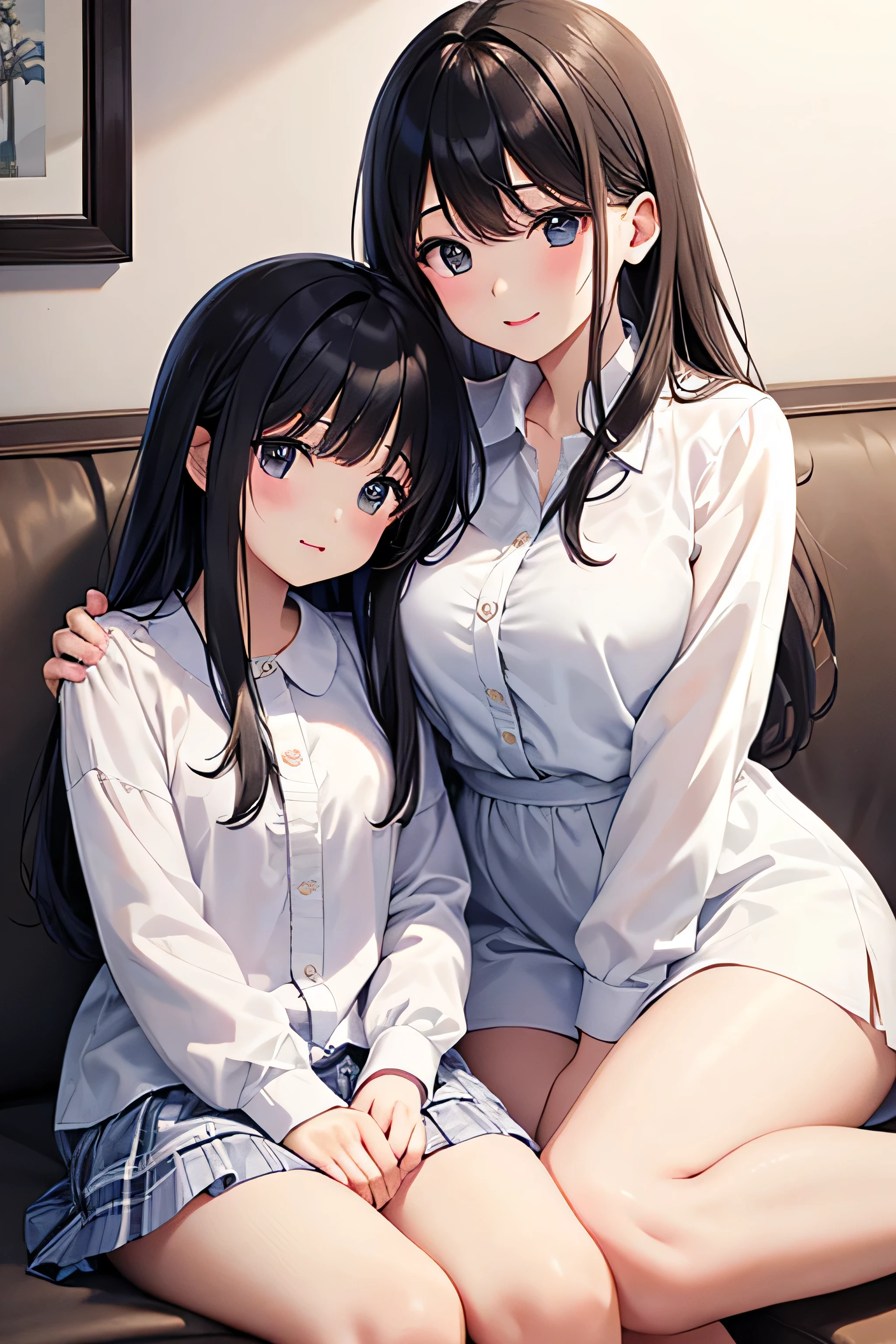 High resolution, Long Hair, accurate, masterpiece, Highest quality, (
Adults and children、Mother and daughter)、2 people、(Young、cute)、Black Hair、clear、Shirt blouse、Collared shirt blouse、白いShirt blouse、Light pink shirt blouse、Blouse with ruffles、Long sleeve、Positive、Small breasts、Sitting side by side、Young、Low heightHigh resolution,
