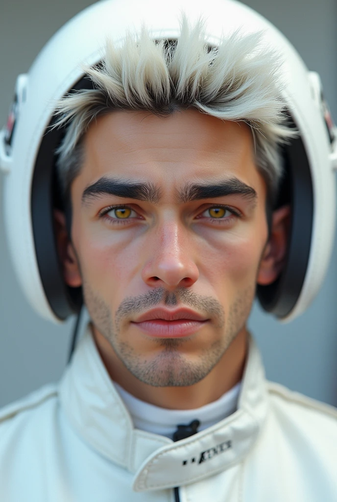 Young man face, 24 years, wearing a white helmet, racing driver,yellow  eyes, thick white eyebrow,spiky hair with white highlights, image up to the shoulder, white pilot suit, high image quality, serene face