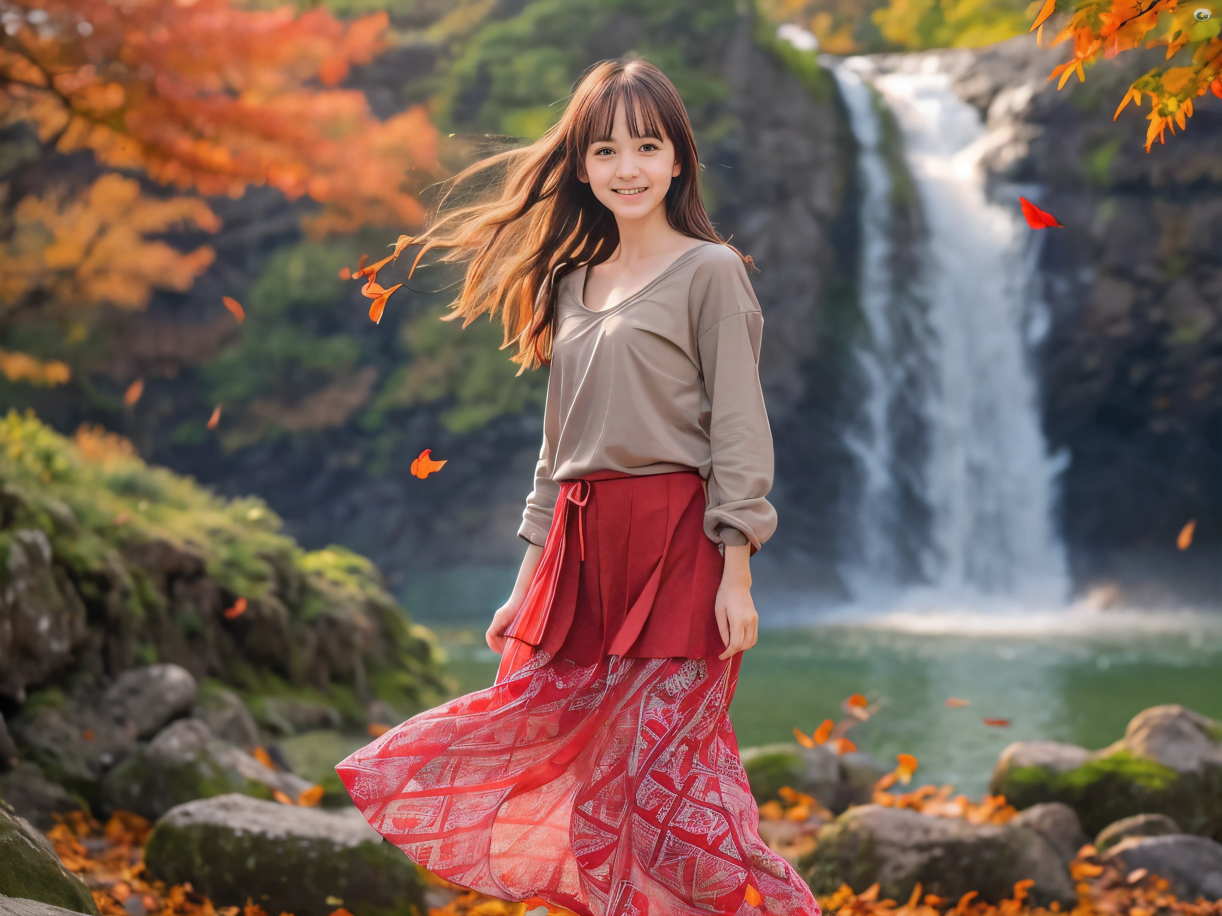 (Close up face shot of one slender small breasts red brown wavy long hair with dull bangs girl in a long sleeves shirt and sweater and skirt:1.5)、(One girl is dancing with happy smile on the dart road near the lake and big waterfall in Japan:1.5)、(Beautiful autumn red leaves landscpe:1.5)、(Natural light:1.5)、(8k ultra detailed master piece:1.5)、(perfect anatomy:1.5)、(Photorealistic stick:1.5)、(Raw photo:1.3)、(highest quality:1.5)、(High resolution:1.3)、(Delicate and beautiful perfect face:1.3)、(Delicate and beautiful eye air skin:1.3)、(Real Human Skin:1.3)、((thin legs))