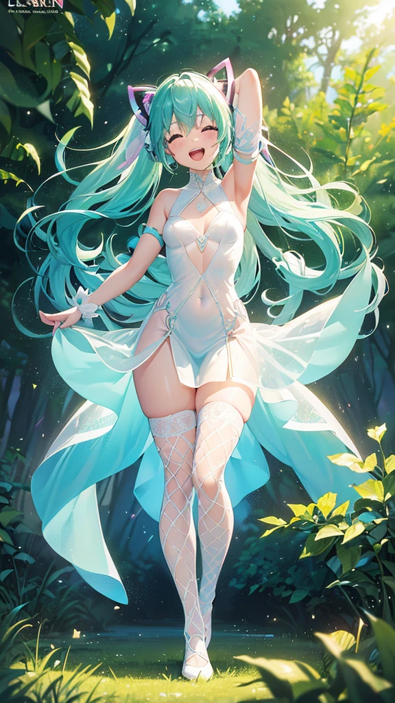 (最high quality:1.2, Anime artwork, Anime Style, Studio Anime, Very detailed, up to date, Vibrant, Anime Coloring, High Contrast, masterpiece:1.2, 最high quality, Best aesthetics), 1 female, alone, Fairy, The body is slim, (Hatsune Miku), blonde, (Small face), ((Pastel Dress, Transparent body, Transparent dress, Light effects)), (((Captivating body, Lewd Curves))), Forest and spring background, ,((Laughing with your mouth open:1.2)), Normal hip joint,, Put your arms behind your head, (Color coding, Sexy Fishnet Stockings, Shiny costumes), Beautiful Skin, Beautiful Skin, Perfect Fingers, Five Fingers, Anatomically correct, Background Blur, high quality, Surreal, Bright colors,