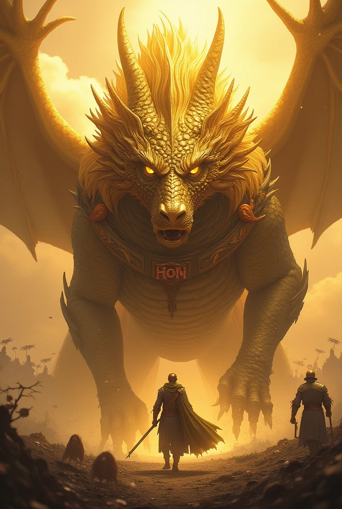 A golden legendary dragon with a collar with the word HON written on its chest facing forward with a soldier in its manes with a collar with the word HON written in blood