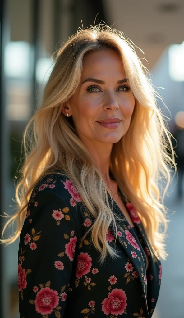 a woman in her 50s, long blonde hair, Blue-green eyes, shopping, face detailed, realisitic, photorealisitic, 8k, work of art, high qualiy, studio lighting, bright coloured, warm light, classy fashion, shopping mall interior, glass windows, Reflections, City skyline background