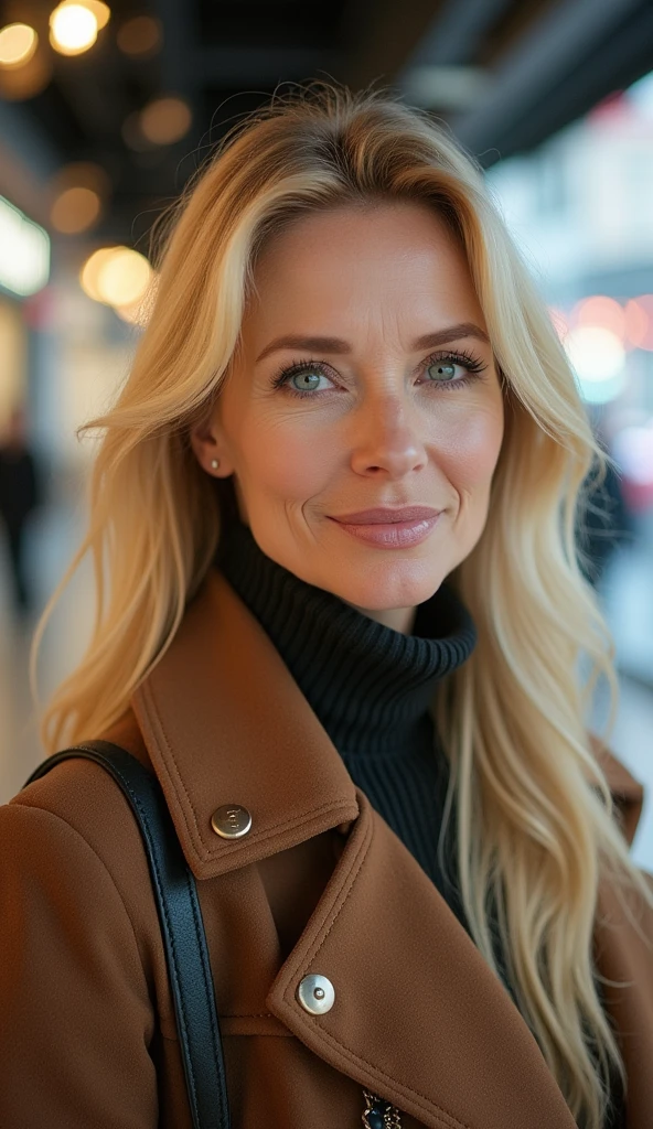 a woman in her 50s, long blonde hair, Blue-green eyes, shopping, face detailed, realisitic, photorealisitic, 8k, work of art, high qualiy, studio lighting, bright coloured, warm light, classy fashion, shopping mall interior, glass windows, Reflections, City skyline background