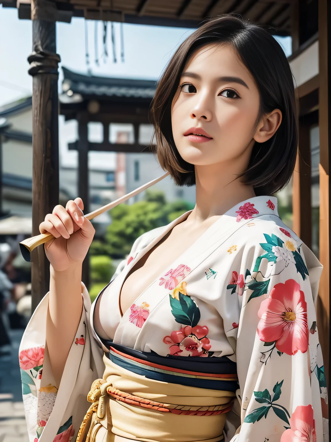 (Highest quality、8k、32K、masterpiece、Ultra-high resolution、Hmph:1.3)、(Japanese Idols:1.3)、One Girl、(Huge boobs:1.25)、(short hair)、Abdominal muscles、Perfect body、((Takan Ninja)), Delicate facial features, Ultra-realistic, Ultra-realistic, clavicle、Shadow、Octane Rendering、((Wear a beautiful kimono with a high degree of exposure)),Ultra detailed face、Detailed lips、Finely grained、double eyelid、(attractive)、((Stir:1.5))、maikurobiki、((belly button))、Underarm、((Female Ninja)),Kunoichi Ninja、Throwing Shuriken、Japan holding a sword、Mystical Expressions、Shrine Background、Old townscape of Japan、((Heavy chest)),Toostook、mecosuji、Colorful floral kimono、High Contrast、(((Brightly colored kimonos))),