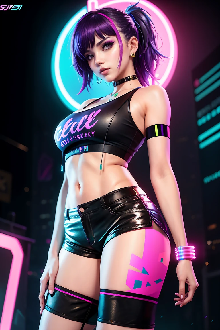 There is a disheveled woman standing with sample in the clothes of hours of hard labor, with a rainbow light, 3D neon art of a woman's body, neon noir background, cyberpunk femme fatale, seductive cyberpunk dark fantasy, ((tight shorts:1.4)), cyberpunk strip clubs, cyberpunk 20s model girl, cyberpunk oppai, banner, high definition cgsociety, cgsociety masterpiece, trending on cgstation, kda
