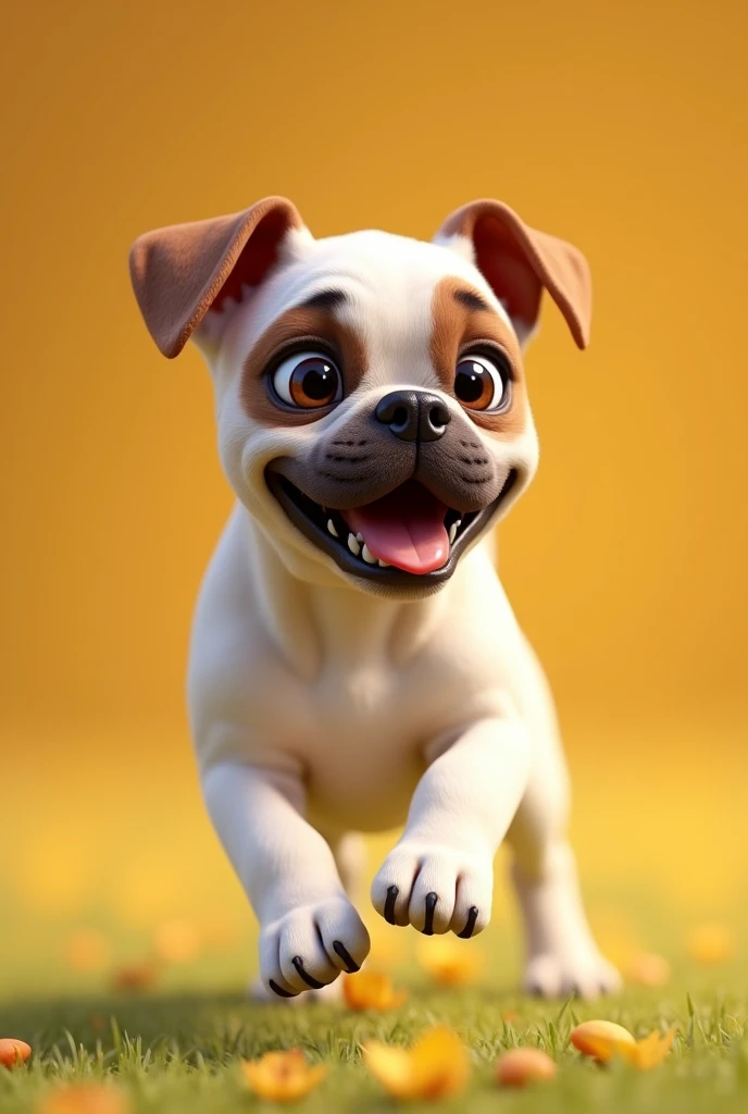 Generate a dog that is a Boxer breed of dog that is white with a brown spot on the eye , that looks playful