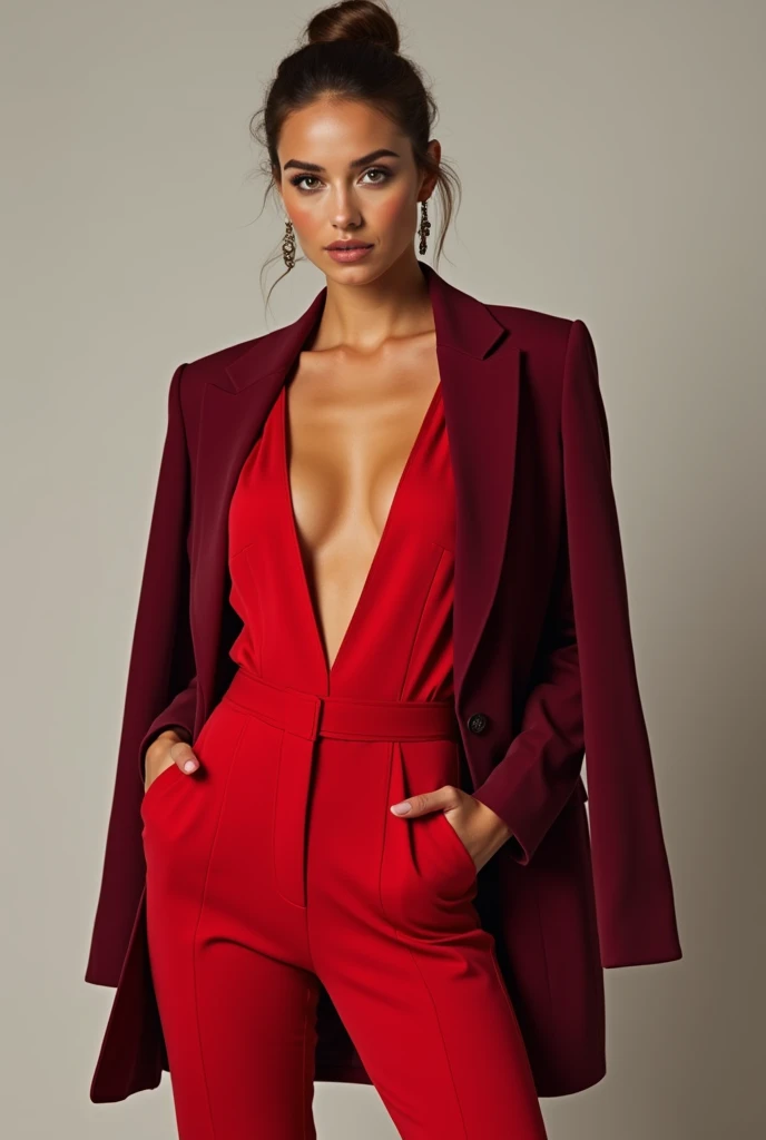 Female model dressed in a red jumpsuit with an open burgundy blazer