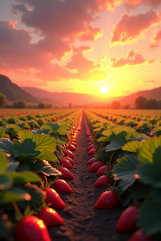 Strawberry fields at sunset
