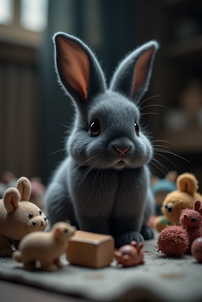 DARK LEAD COLORED SON RABBIT WITH HIS TOYS