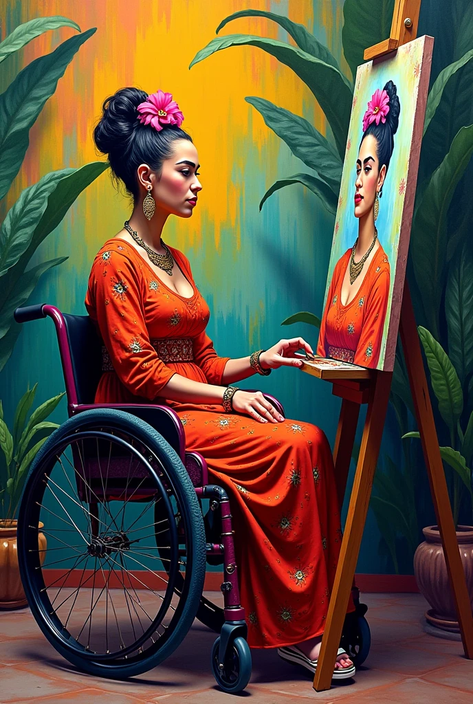 Frida Kahlo painting one of her paintings in a wheelchair, with bright and striking tones