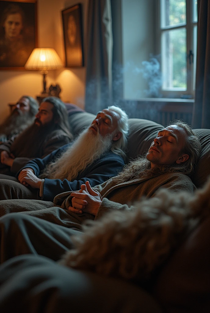 une photo des personnages du seigneur des anneaux Gandalf frodon Sauron peregrin gimli ensemble dans un salon entrain de dormir allongés chacun sur un canapé les yeux fermés en regardant le film du seigneur des anneaux sur une télévision. Sur une table un cendrier avec une cigarette allumer et la pièce un remplie de fumée 
