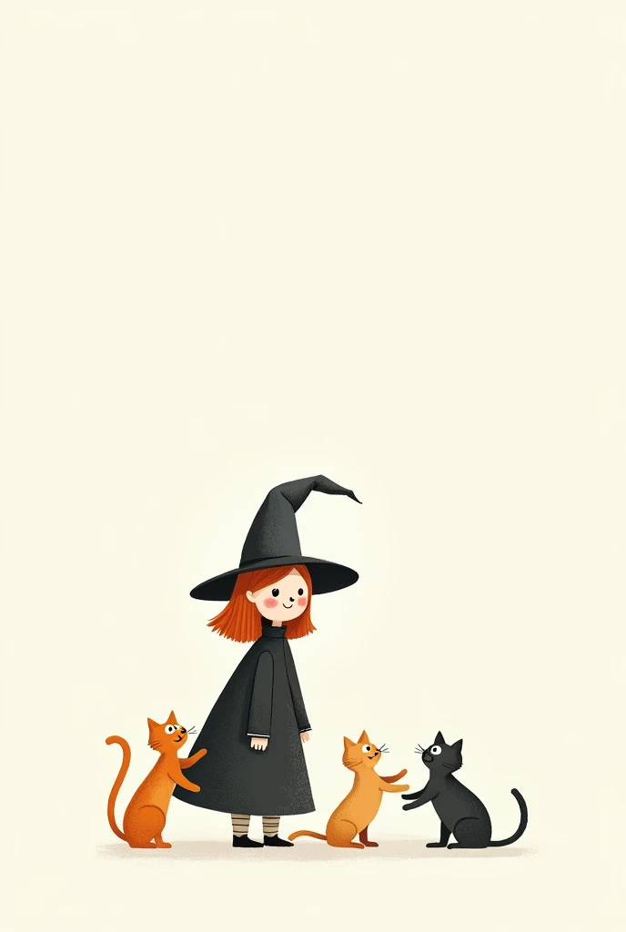 Simple minimalist drawing for kids of a witch and her three cats