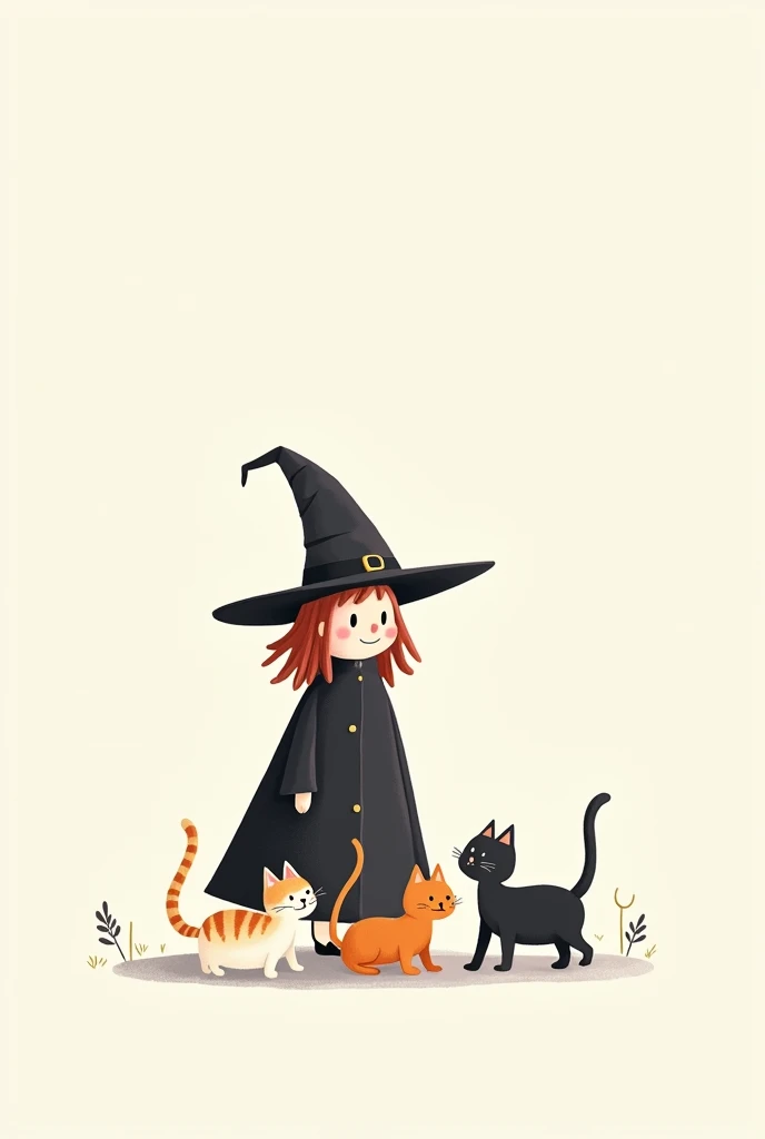 Simple minimalist drawing for kids of a witch and her three cats