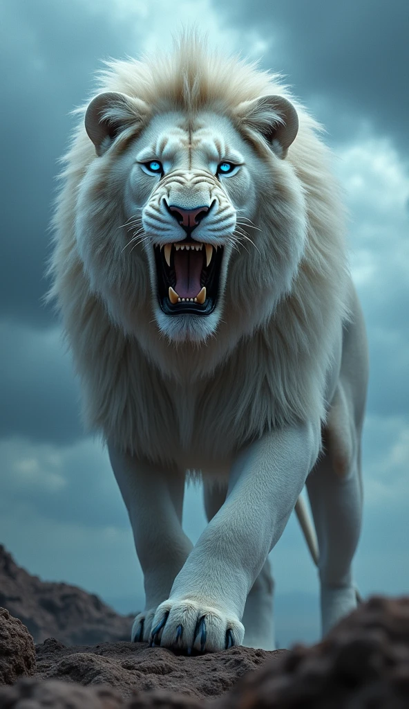 Generate an ultra realistic 8k image of a big strong blue-eyed white lion roaring
