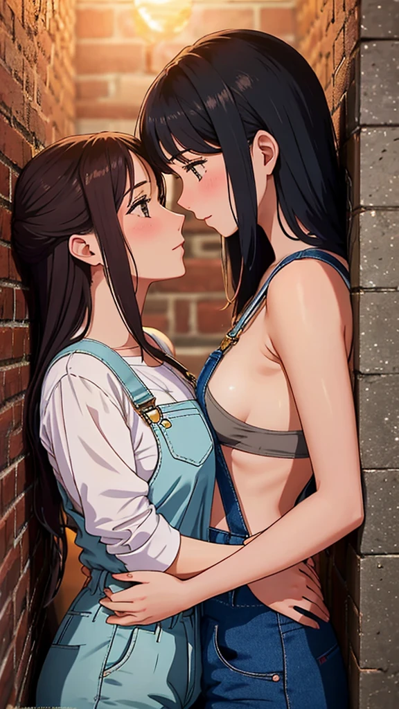 In an intimate and NSFW moment, The two eighteen year old girls found themselves pressed against each other., Their bodies close enough to feel the heat radiating between them. A girl was trapped against the wall., his arms raised above his head, surrender to the touch of the other. The other girl held her by the waist, his hand slipping under his overalls shot, Their gazes locked deeply into each other's eyes.. With seductive expressions playing on their faces., explored this forbidden moment, short overalls, barefoot, Their hearts beating with desire, kissing. a beach.