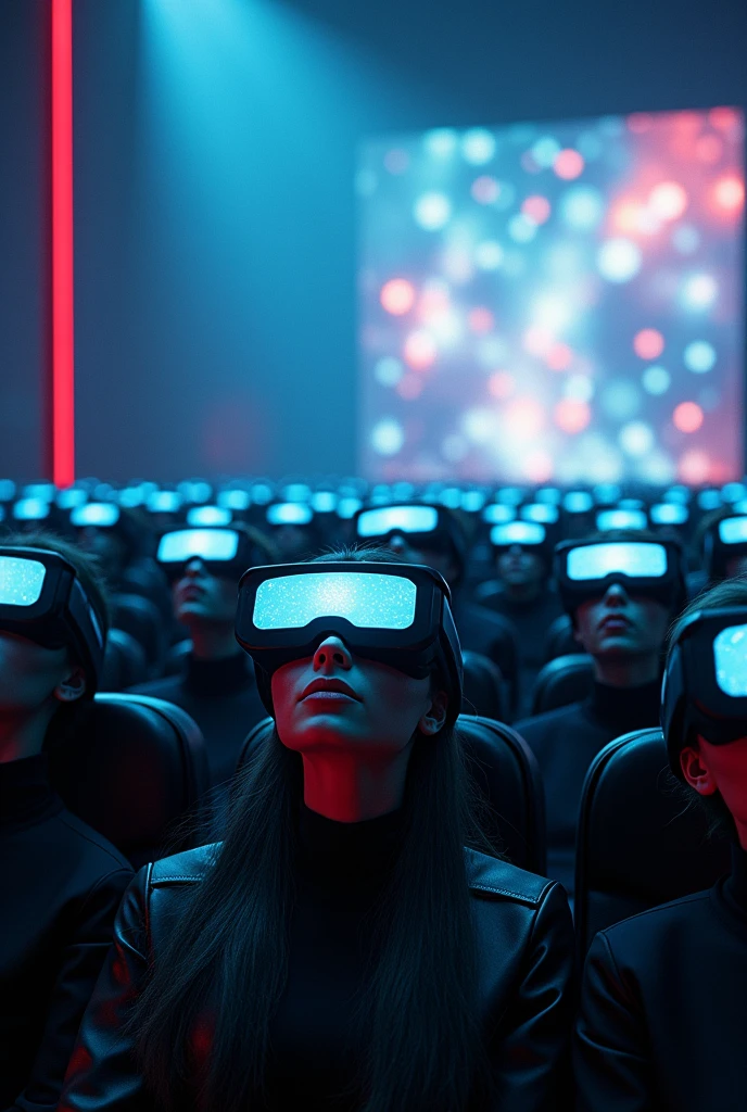 A cyberpunk-looking image of identical people wearing futuristic glasses, sitting in ultra-modern cinema seats watching a three-dimensional science fiction film