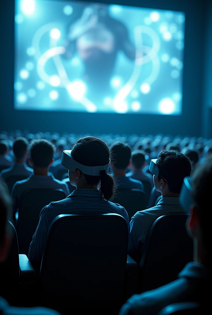 A cyberpunk-looking image of identical people wearing futuristic glasses, sitting in ultra-modern cinema seats watching a three-dimensional science fiction film