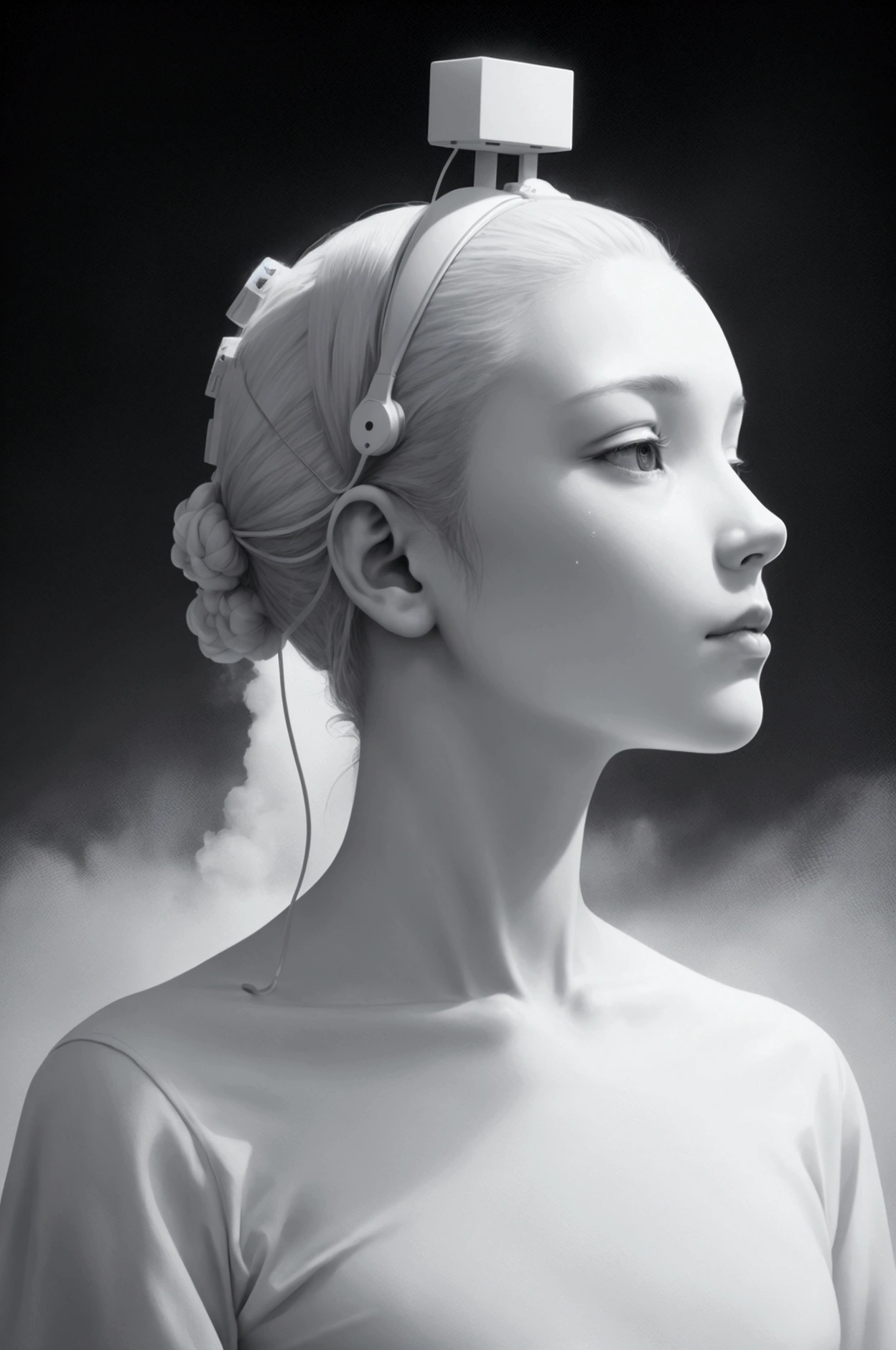 surreal composition，A person&#39;the head becomes a complex signal receiver，White mist hovering around the head，Retro photo album cover，Realistic minimalist style