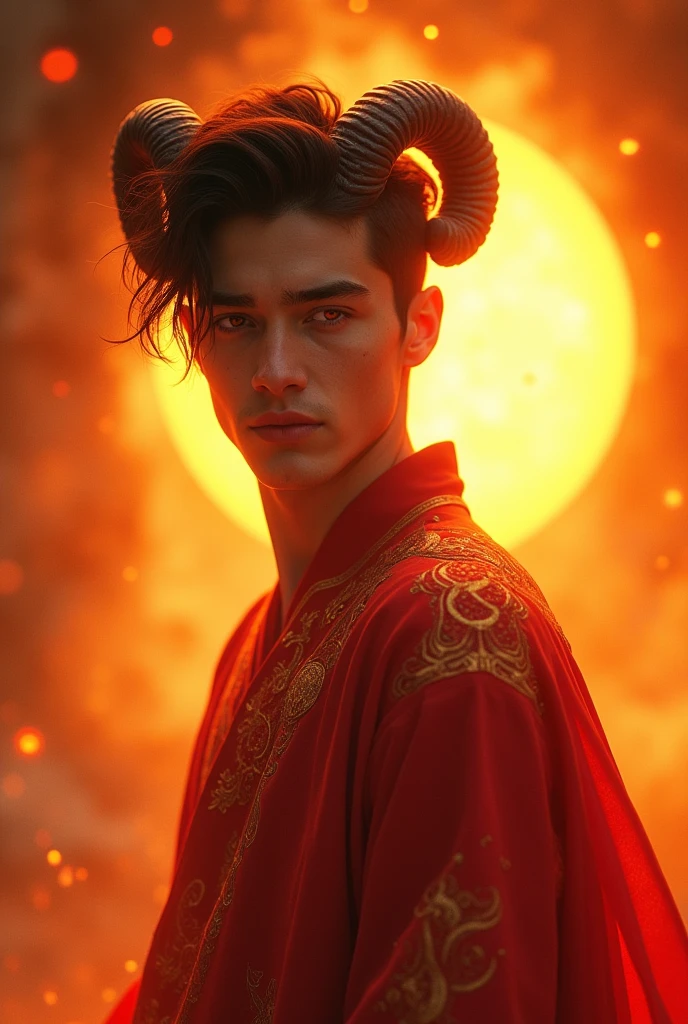 Representation of the sign of Aries with a very ethereal young man, features reminiscent of timothee chalamet, red eyes and small horns, CHALLENGING GAZE, ancient oriental style clothing, passing through a scenario of sun and fire but very beautiful and ethereal
