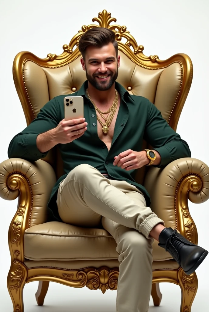 handsome russian man, in dark green shirt and cream cargo pants, gold chains in neck, smiling face, sitting on a golden royal crown wingback sofa, in relaxing pose, and holding iphone, screen towards the viewer, in white background