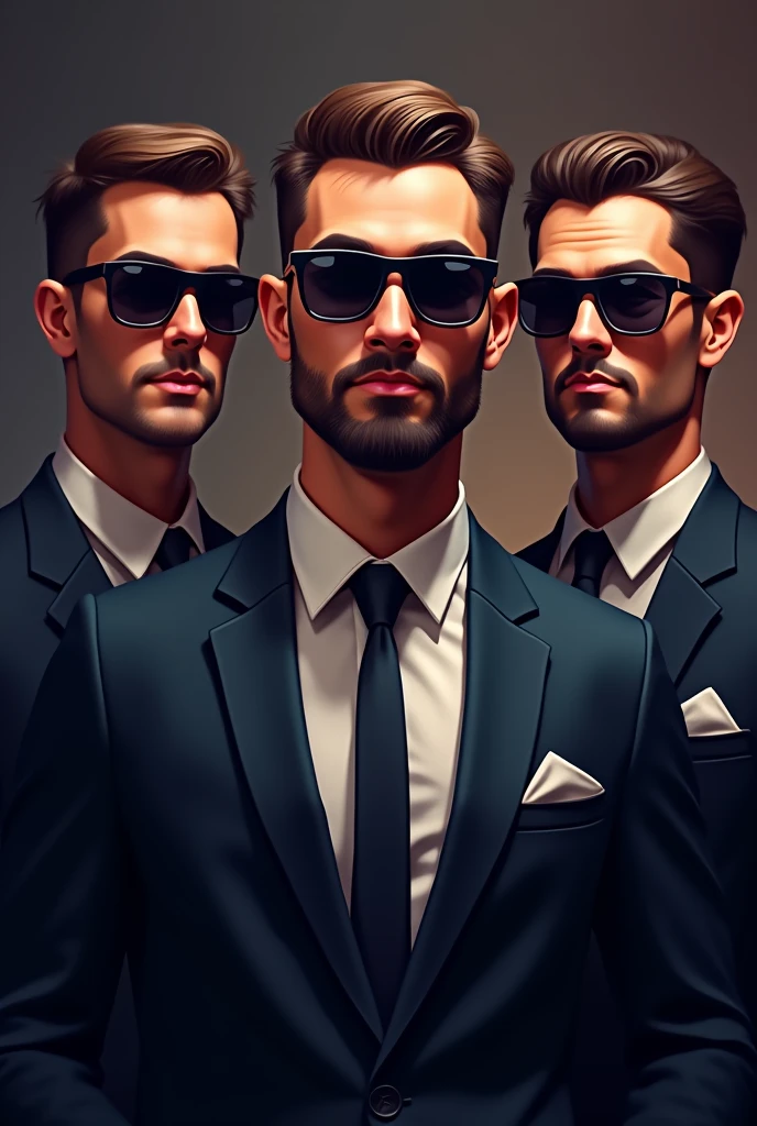 a cool and stylish bachelor party logo with 3 men in suits and sunglasses, and their written names eliot, posh and yisus, caricature, dramatic lighting, cinematic, elegant, sophisticated, modern, fashionable, flawless skin, sharp focus, professional, masterpiece