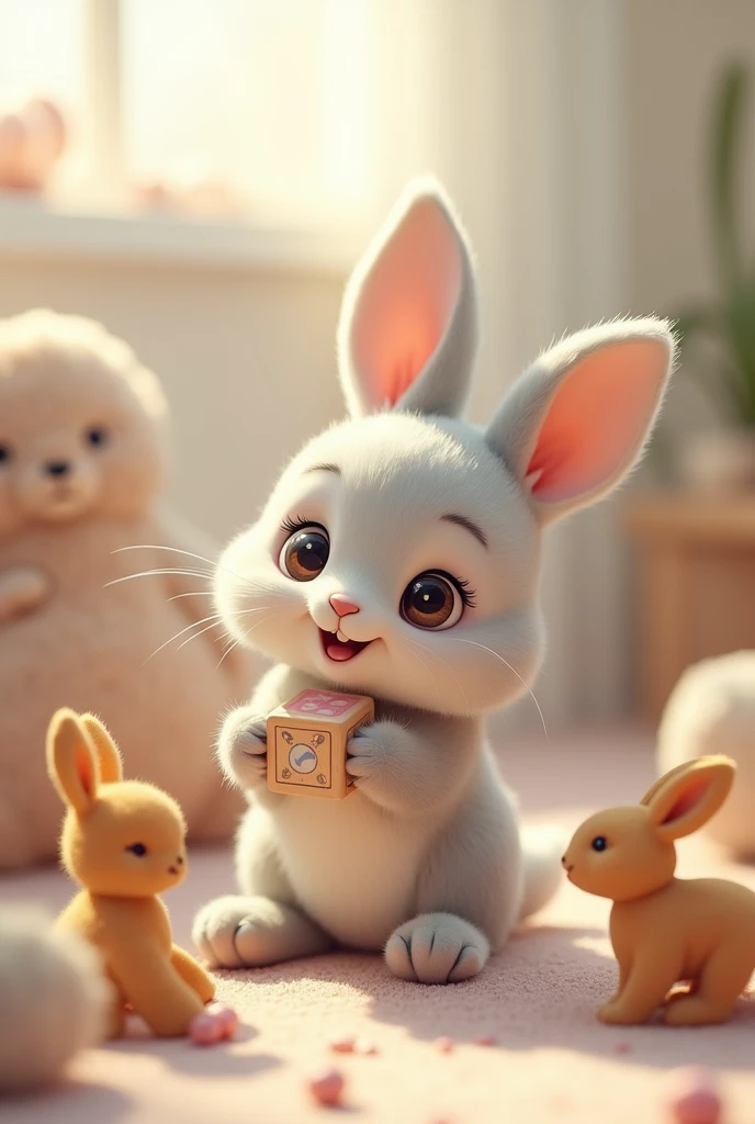 LIGHT LEAD COLORED SON RABBIT WITH HIS TOYS 