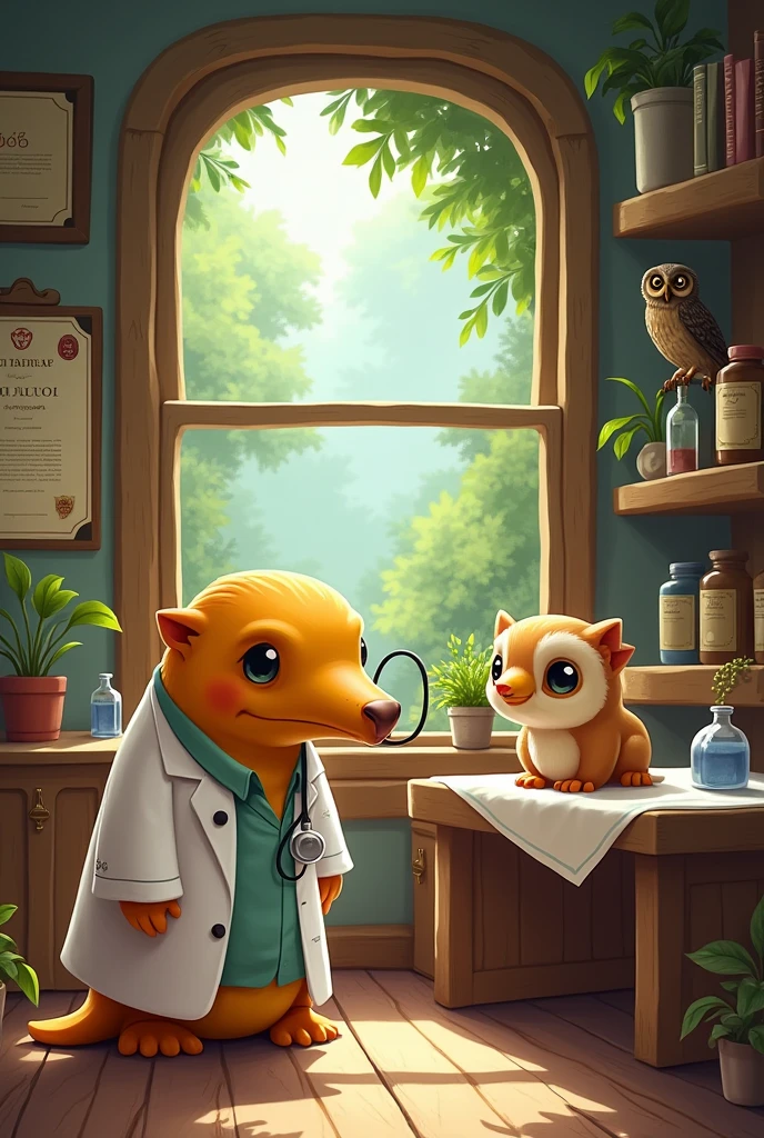 Create an image of a chibi platypus as an ENT doctor examining a patient's ear