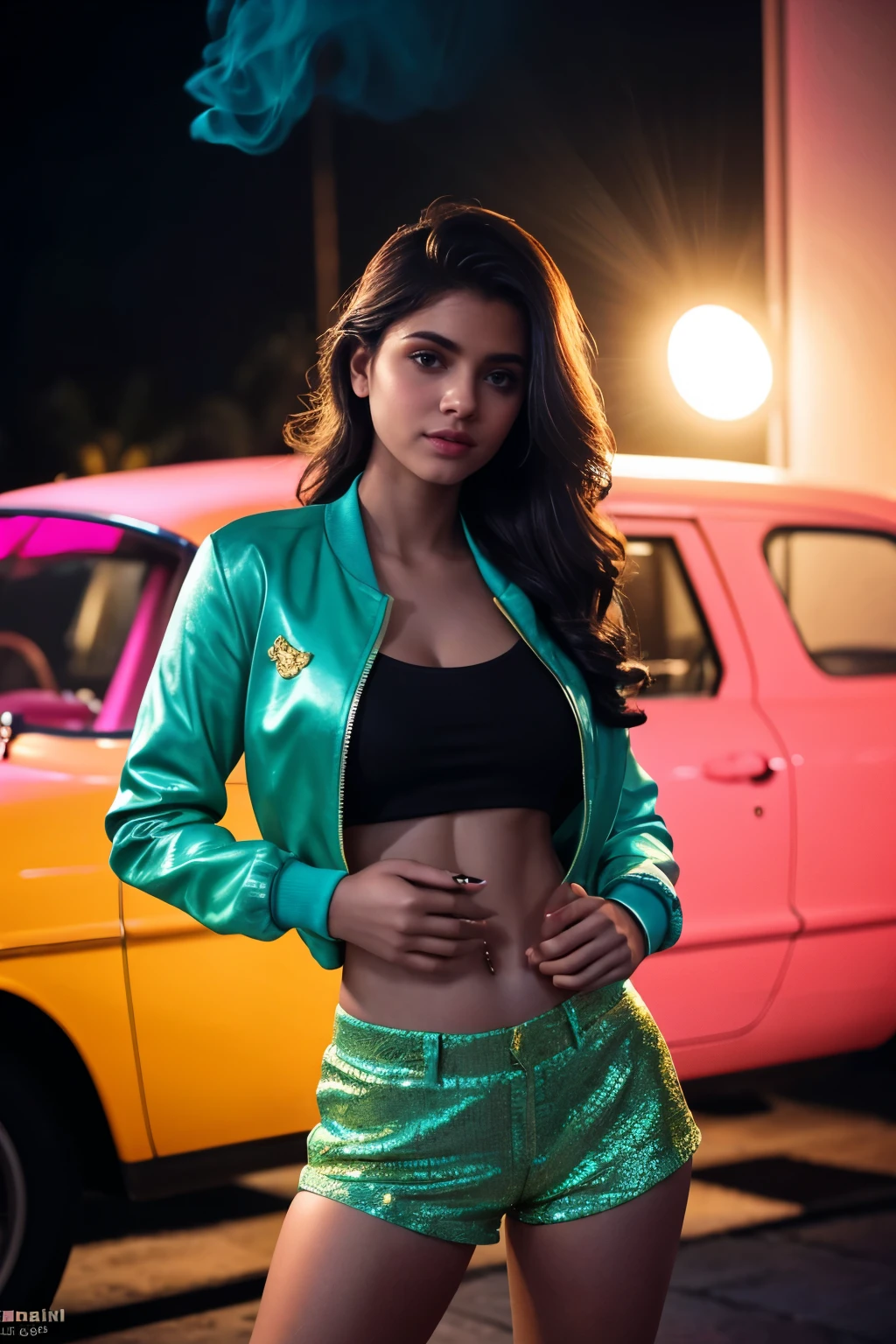 A female indian Instagram model, wearing a black cyan yellow satin jacket and shorts in a elegant looks, d size, elegant pose, in a pink background, rim light, warm lights, smoke, long glazing hair, spotlight illumination, rich shadows, sparkling bokeh, exquisite details, high-resolution, 35mm film, timeless elegance